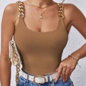 SHEIN Camel Bodysuit Looking Tank with Gold Chain Straps Trendy Stylish Elegant